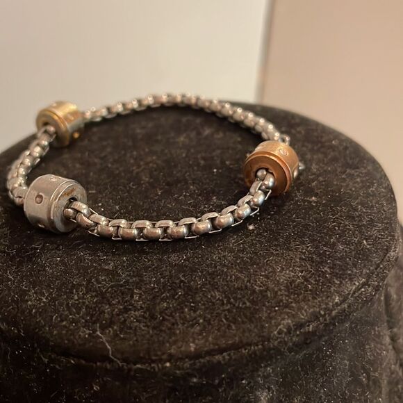 Stainless steel double box chain bracelet w/3- tricolor rings w/crystal accents - Picture 9 of 13